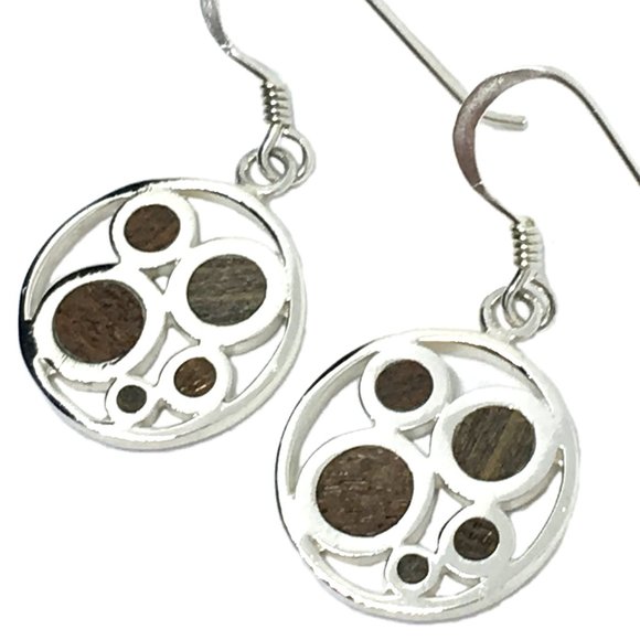 Circle Earrings Organic Wood Inlay Sterling Silver - Picture 1 of 5